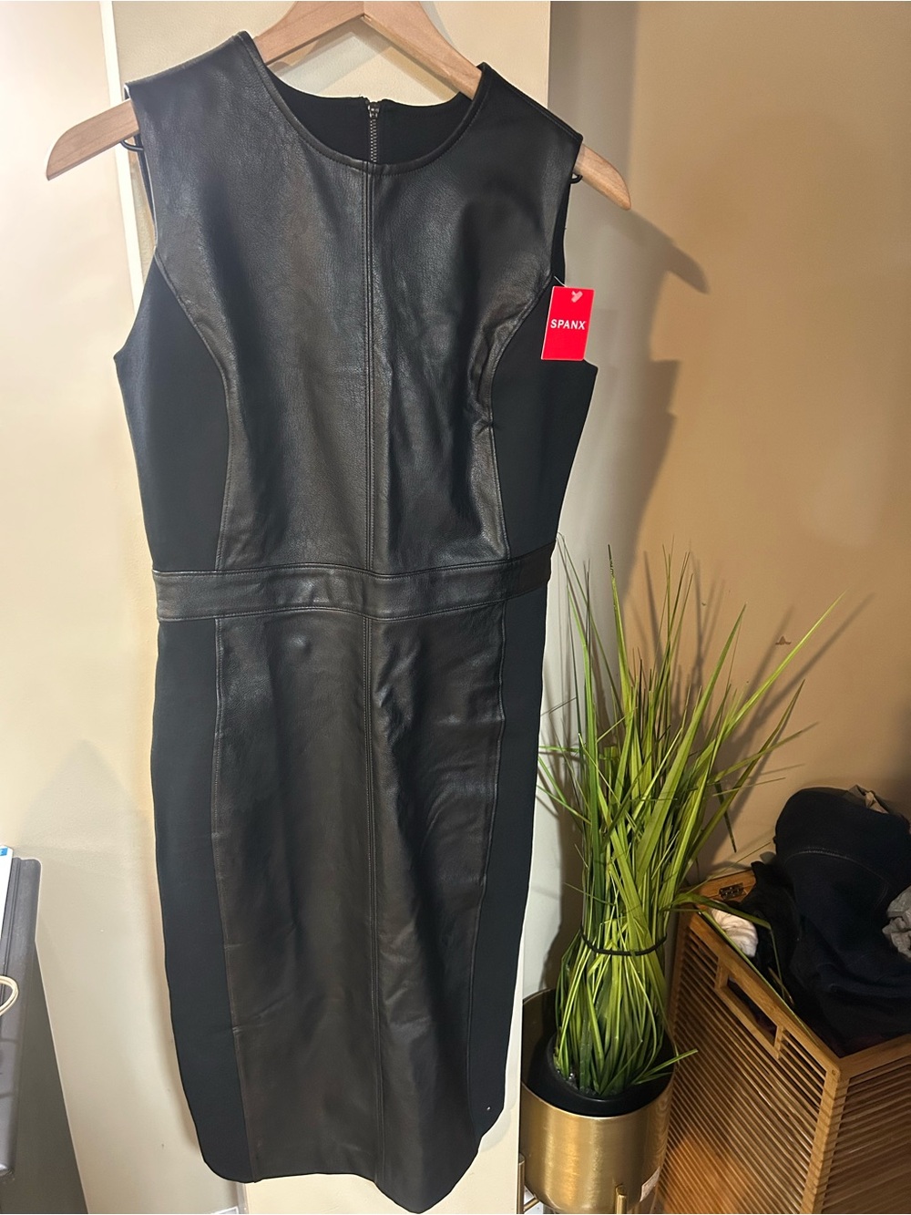 SPANX Black Faux Leather Paneled Midi Dress